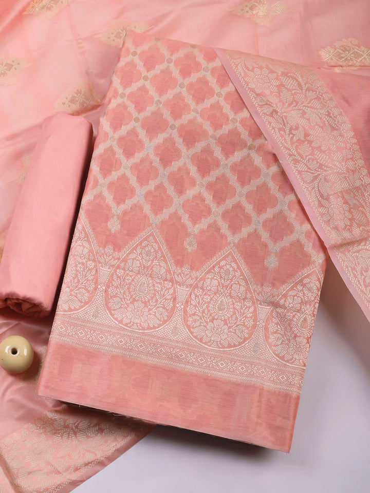 Peach Woven Design Chanderi Unstitched Dress Material