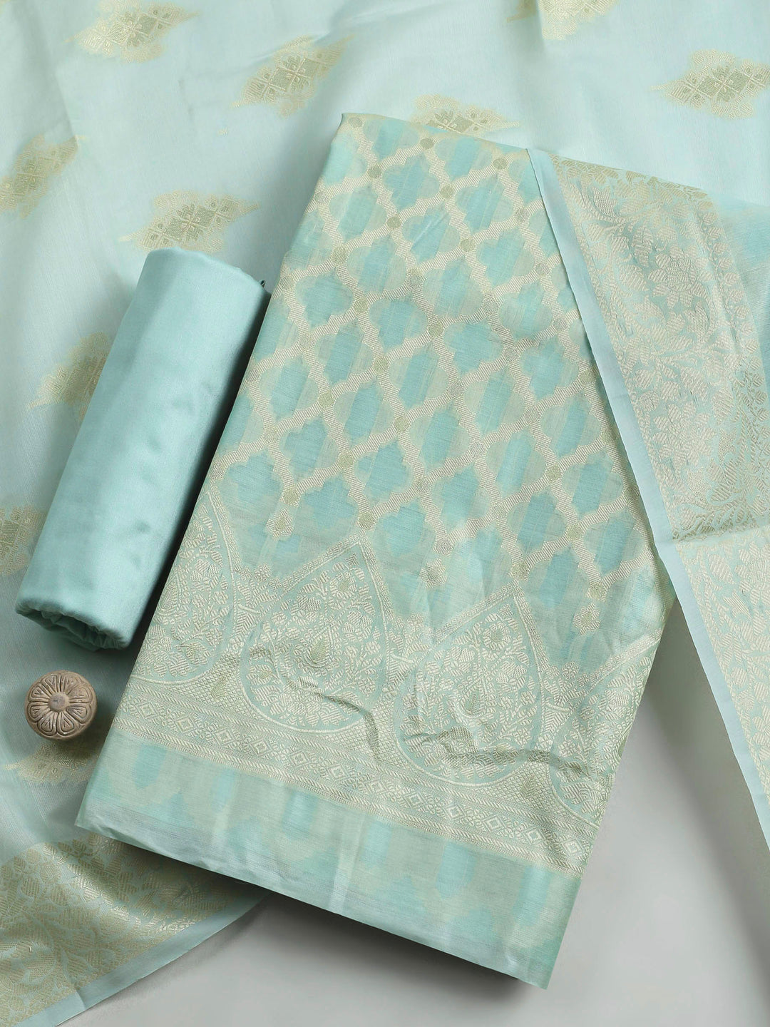 Sea Green Woven Design Chanderi Unstitched Dress Material