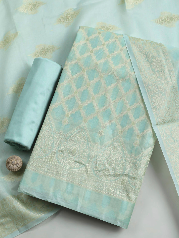 Sea Green Woven Design Chanderi Unstitched Dress Material