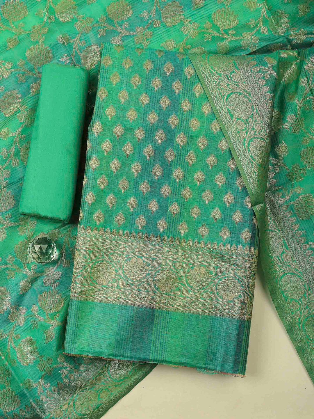 Green Banarasi Chanderi Unstitched Dress Material