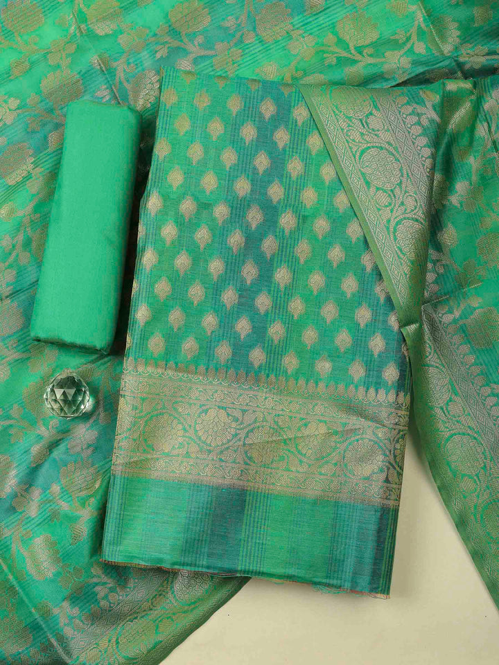 Green Banarasi Chanderi Unstitched Dress Material