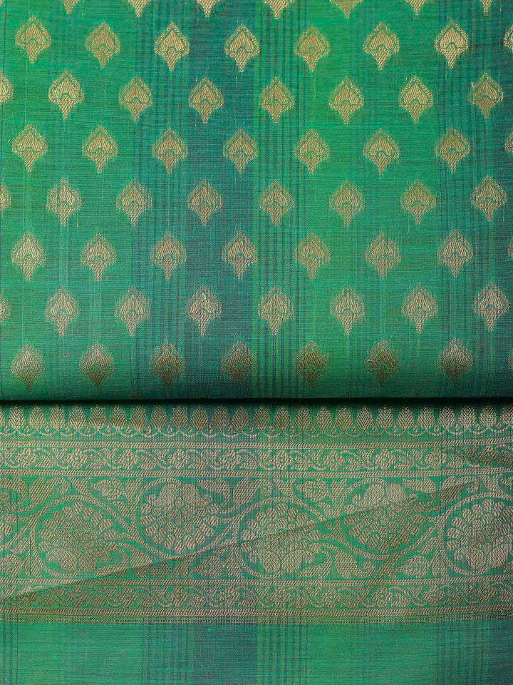 Green Banarasi Chanderi Unstitched Dress Material