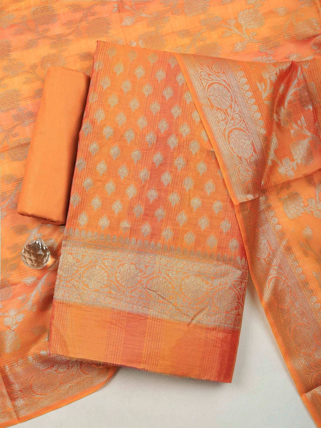 Orange Banarasi Chanderi Unstitched Dress Material