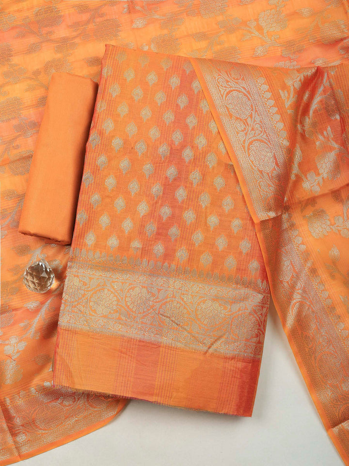 Orange Banarasi Chanderi Unstitched Dress Material