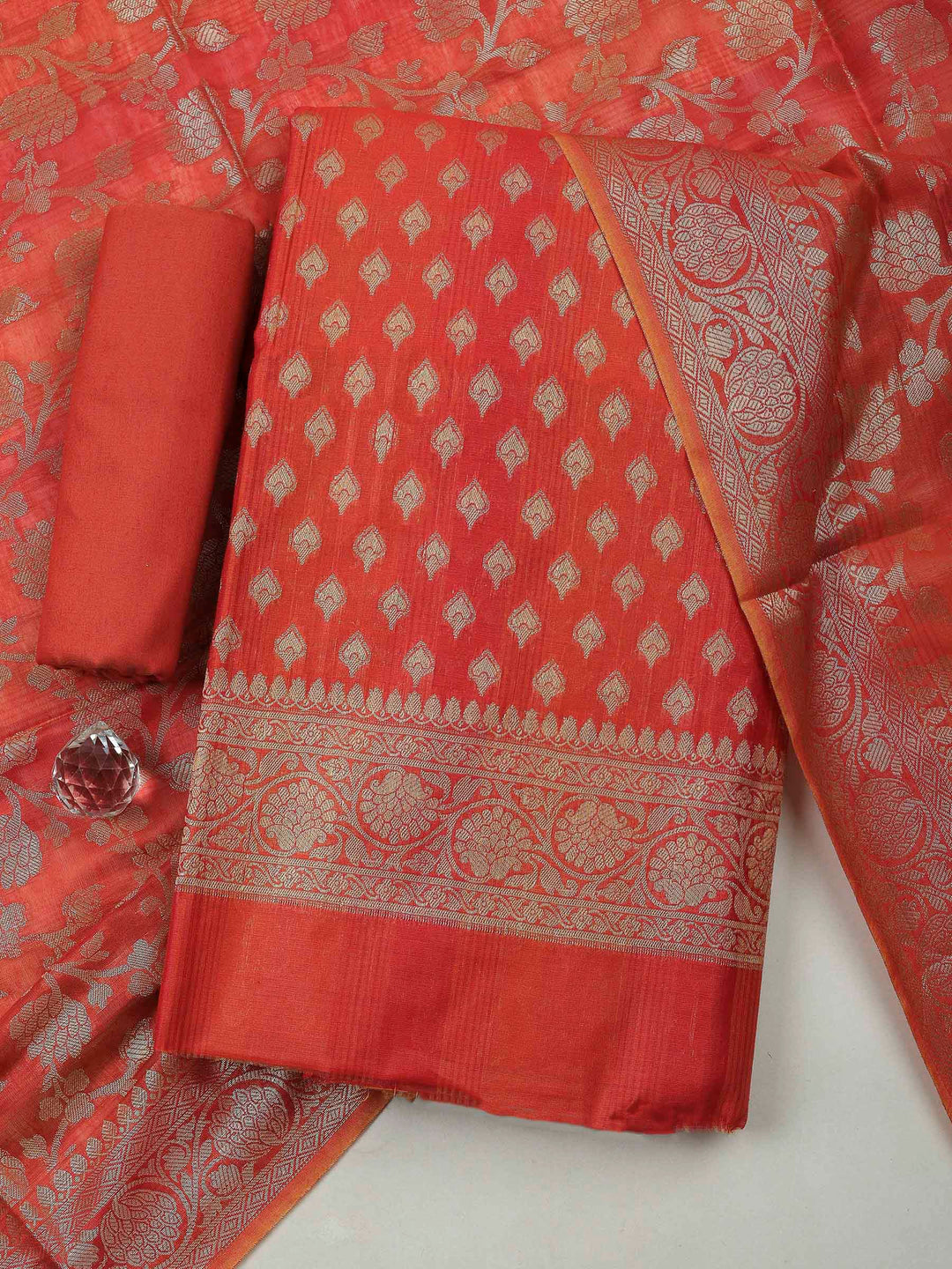 Rust Banarasi Chanderi Unstitched Dress Material