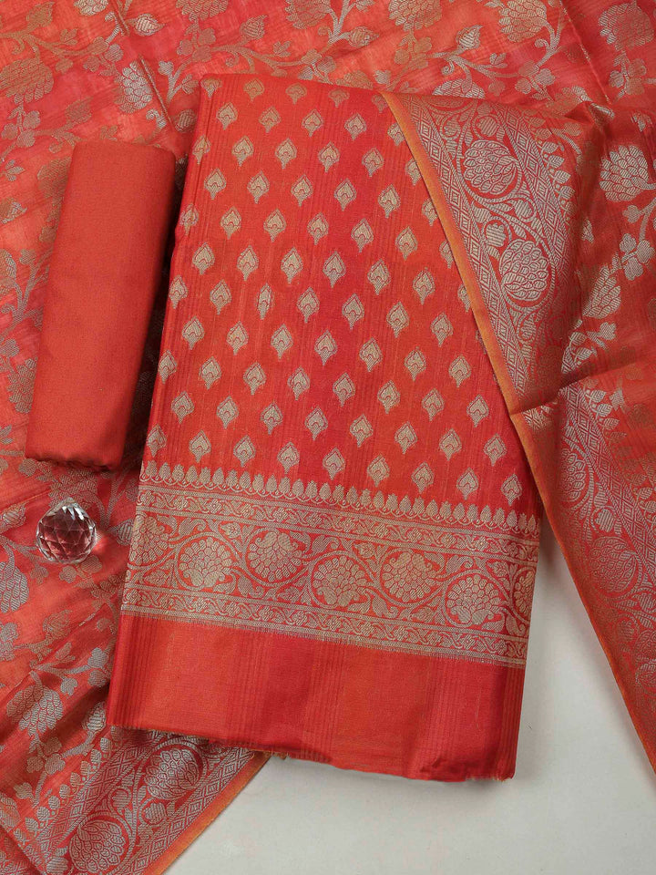 Rust Banarasi Chanderi Unstitched Dress Material