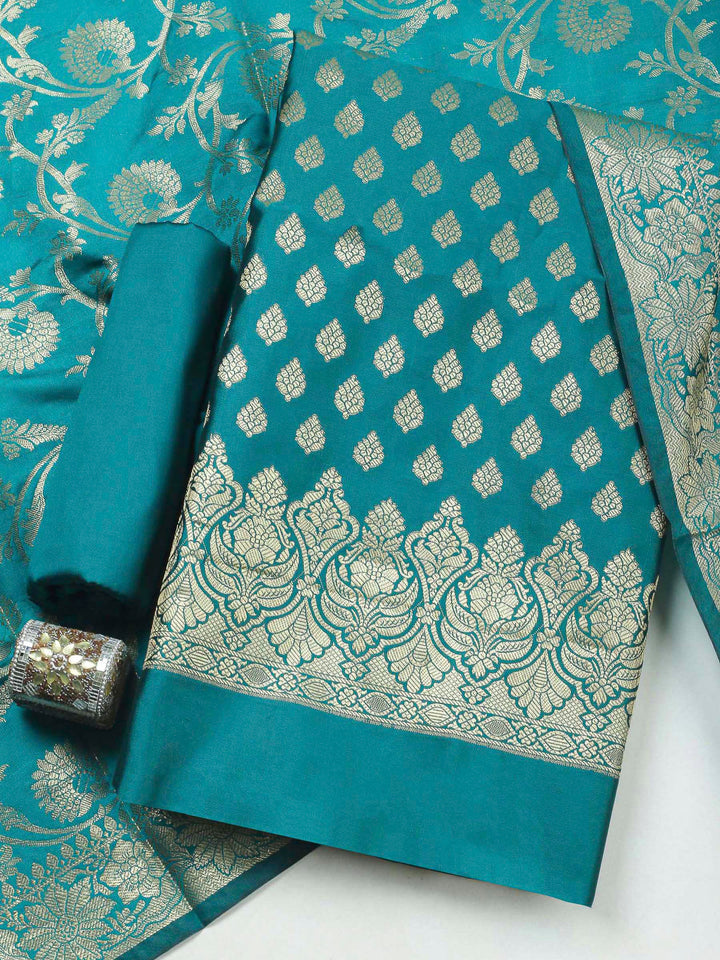 Bottle Green Woven Design Chanderi Unstitched Dress Material
