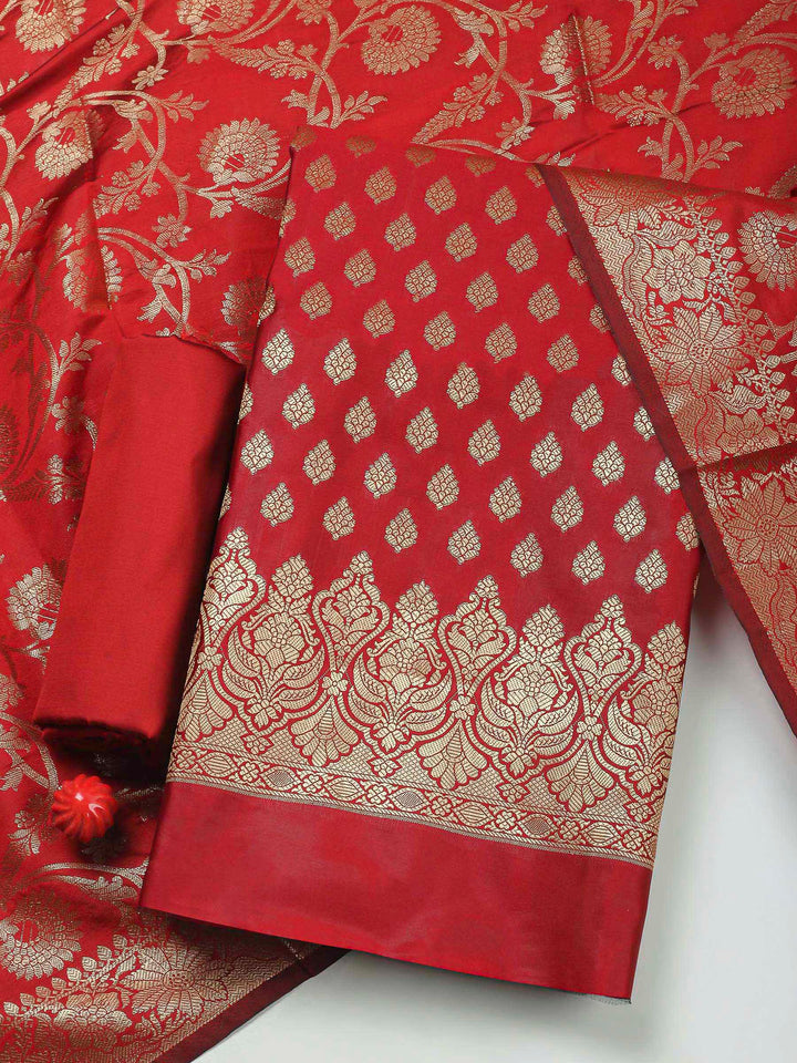 Red Woven Design Chanderi Unstitched Dress Material