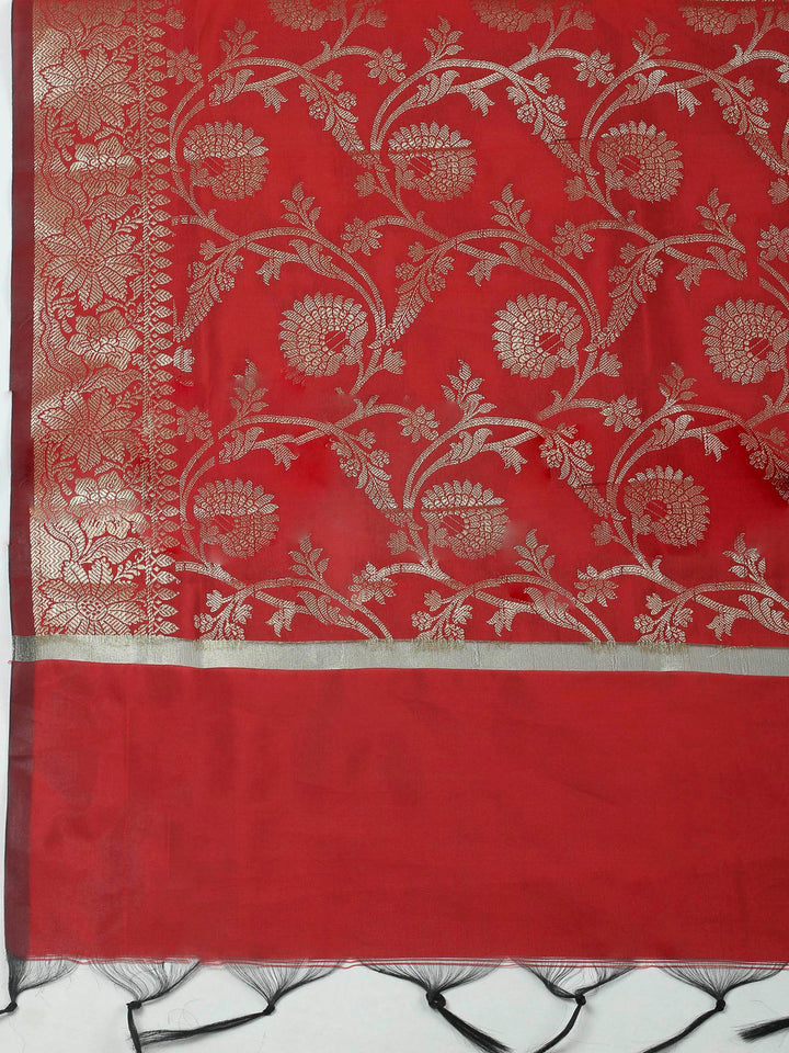 Red Woven Design Chanderi Unstitched Dress Material