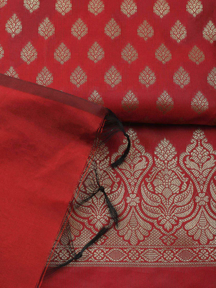 Red Woven Design Chanderi Unstitched Dress Material