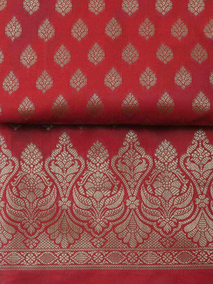 Red Woven Design Chanderi Unstitched Dress Material