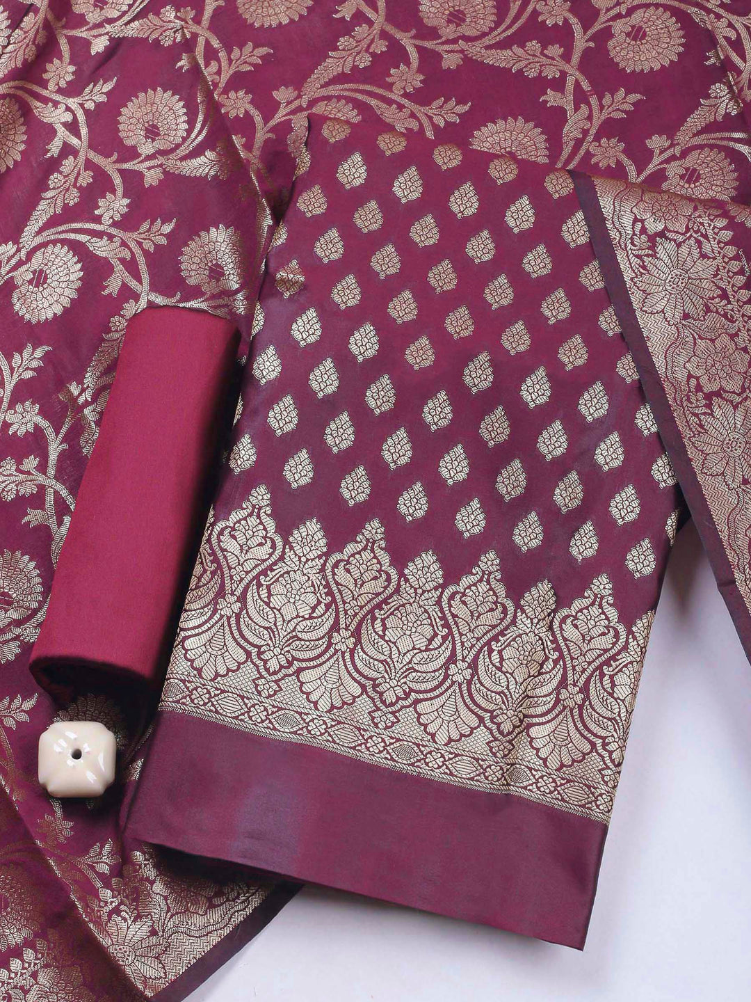 Wine Woven Design Chanderi Unstitched Dress Material