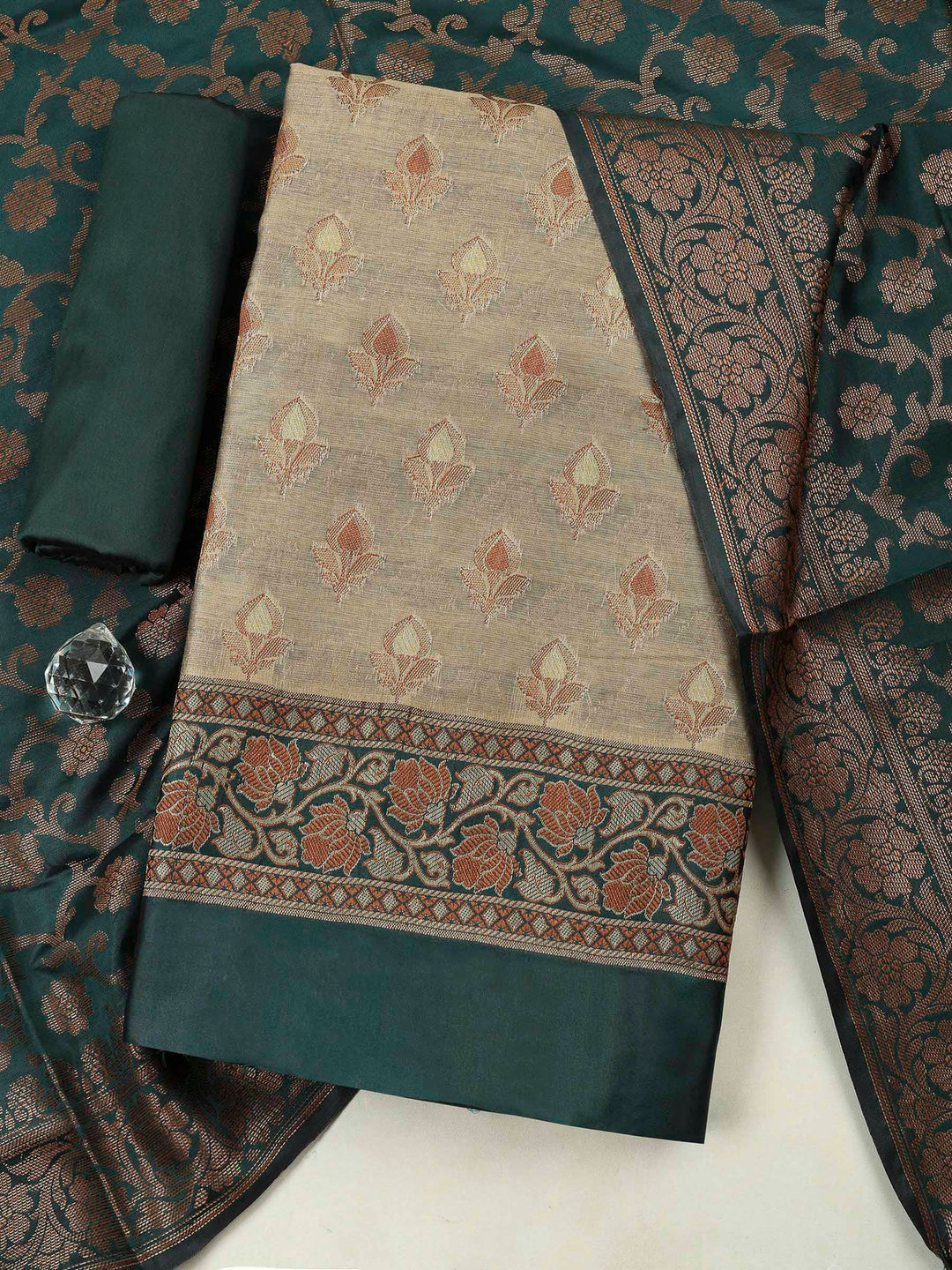 Beige Bottle Green Chanderi Banarasi Unstitched Dress Material