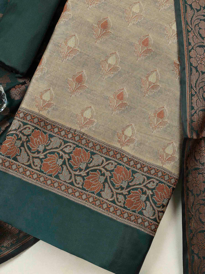 Beige Bottle Green Chanderi Banarasi Unstitched Dress Material
