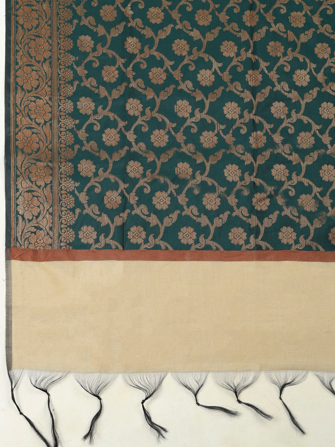 Beige Bottle Green Chanderi Banarasi Unstitched Dress Material