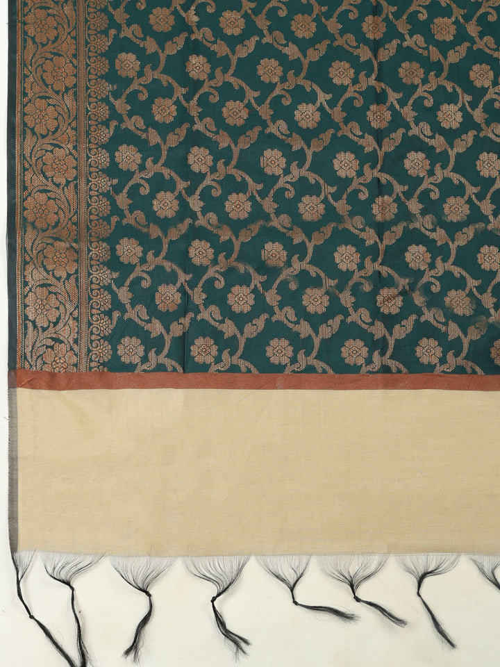 Beige Bottle Green Chanderi Banarasi Unstitched Dress Material