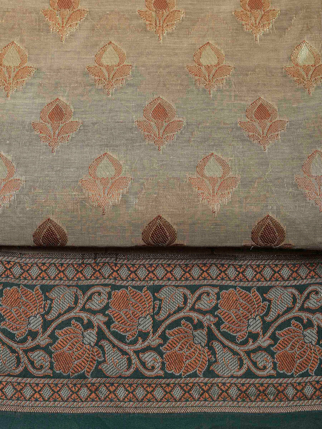 Beige Bottle Green Chanderi Banarasi Unstitched Dress Material