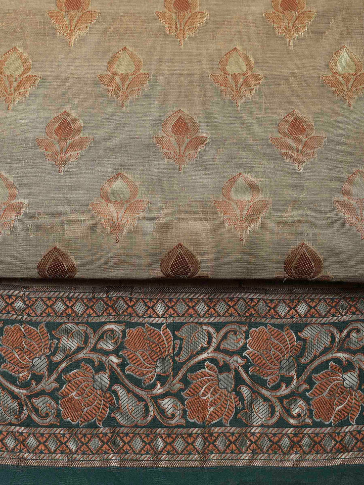Beige Bottle Green Chanderi Banarasi Unstitched Dress Material