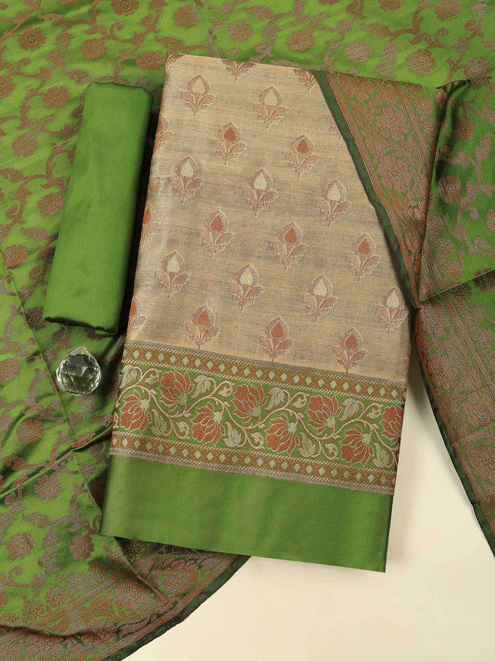 Beige Mehndi Chanderi Banarasi Unstitched Dress Material