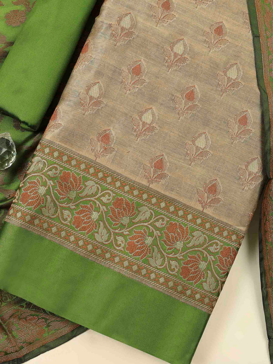 Beige Mehndi Chanderi Banarasi Unstitched Dress Material