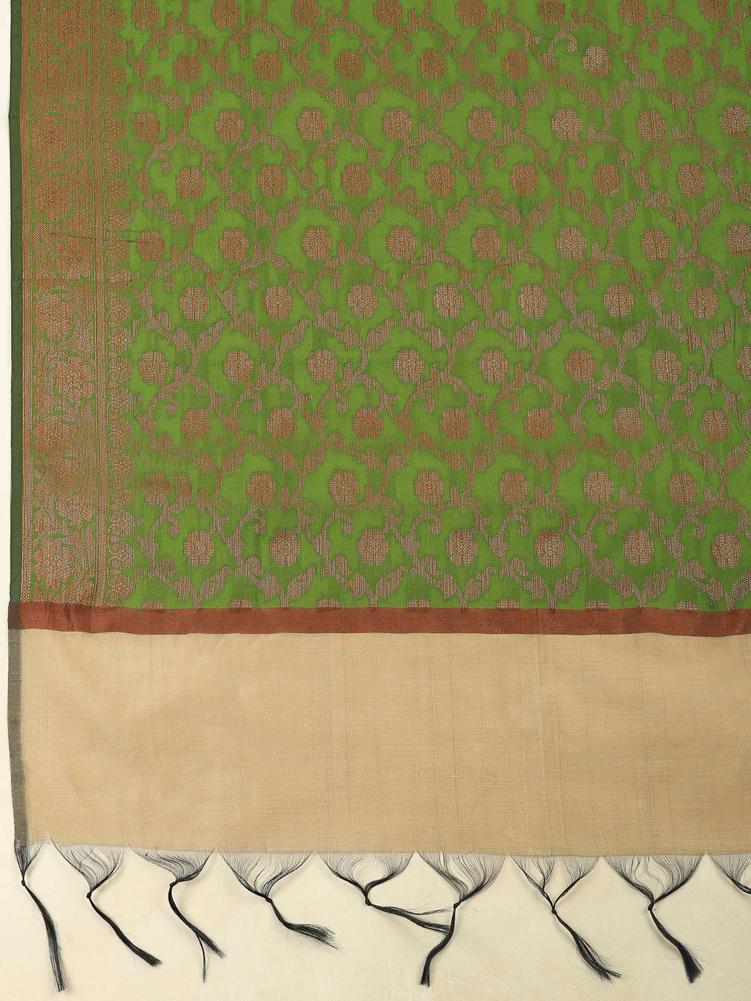Beige Mehndi Chanderi Banarasi Unstitched Dress Material