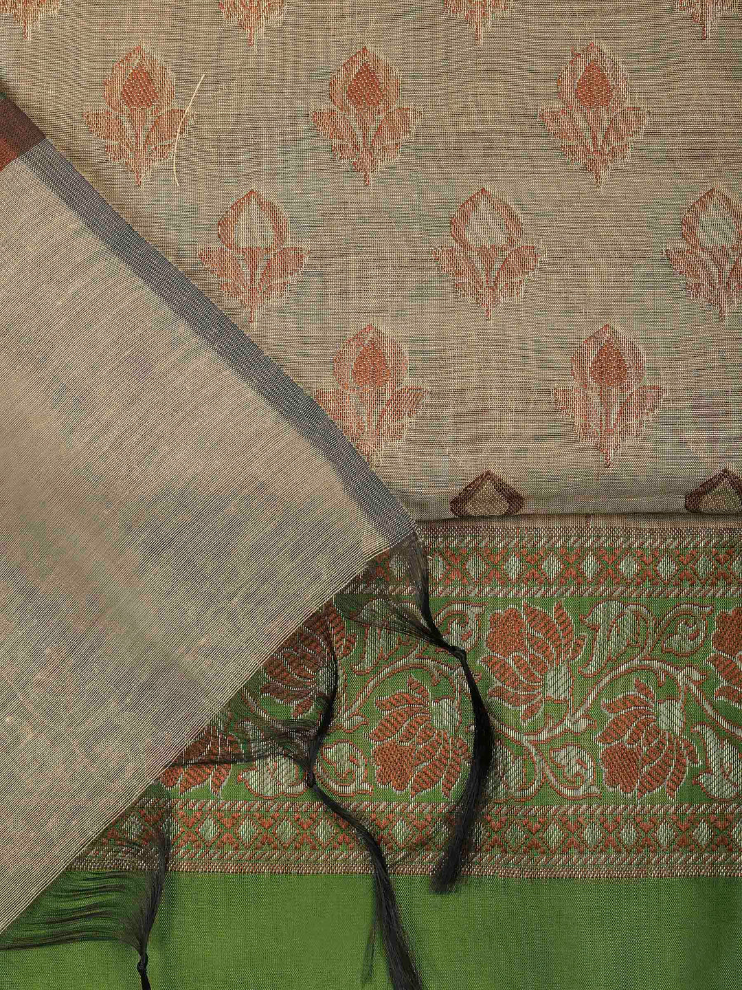 Beige Mehndi Chanderi Banarasi Unstitched Dress Material