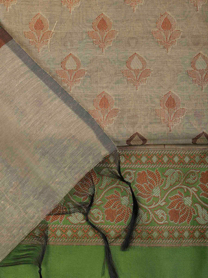 Beige Mehndi Chanderi Banarasi Unstitched Dress Material