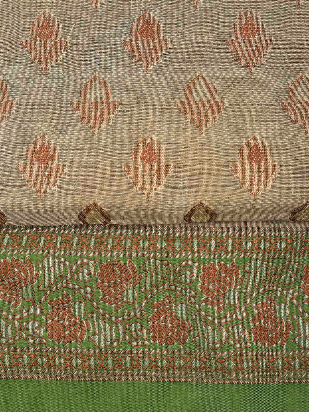 Beige Mehndi Chanderi Banarasi Unstitched Dress Material