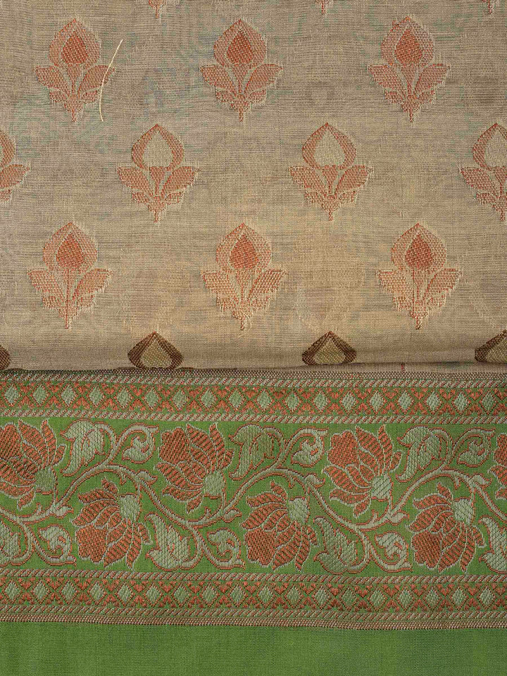 Beige Mehndi Chanderi Banarasi Unstitched Dress Material