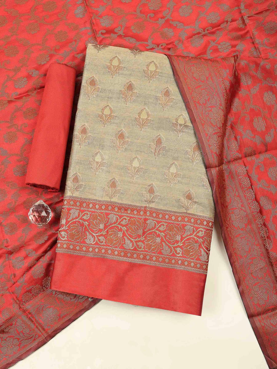 Beige Red Chanderi Banarasi Unstitched Dress Material