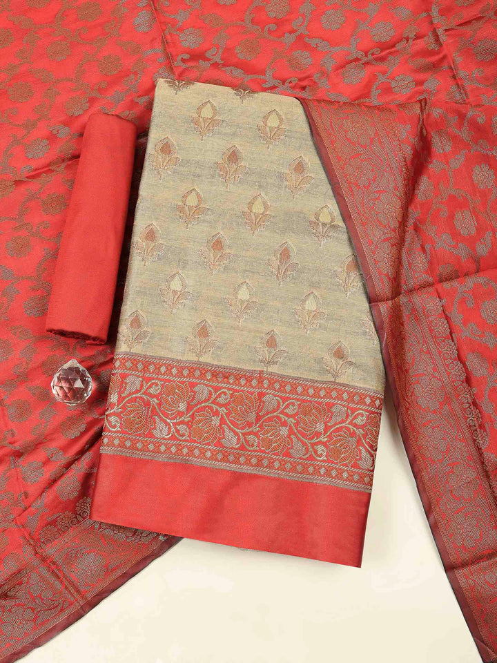 Beige Red Chanderi Banarasi Unstitched Dress Material