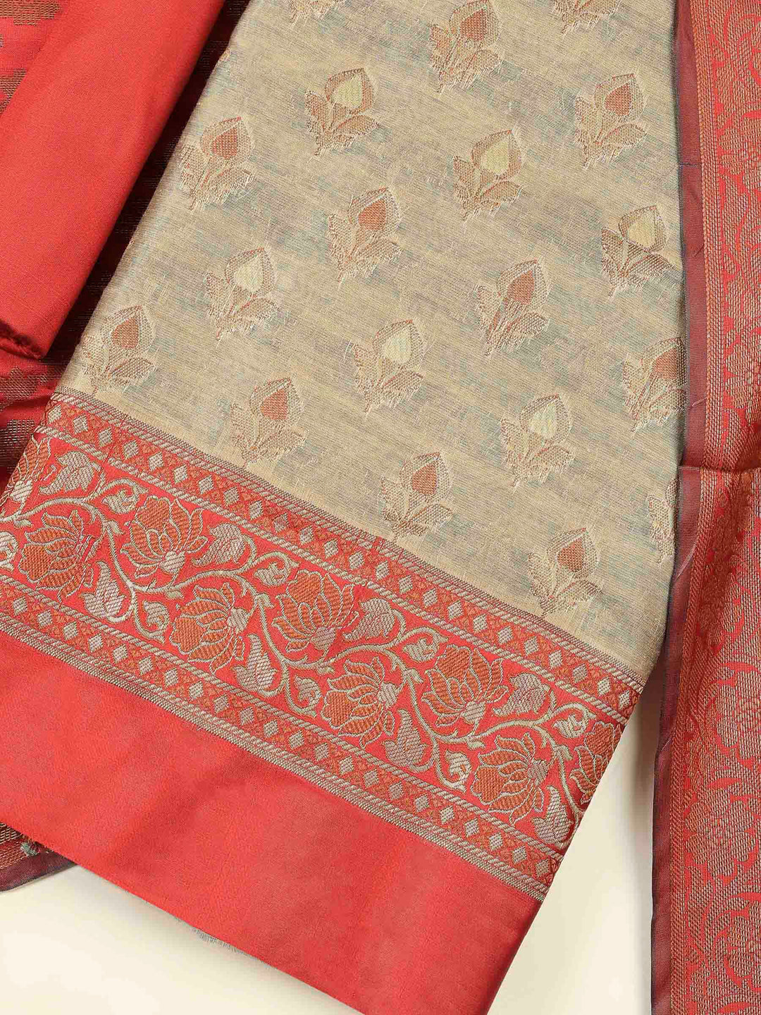 Beige Red Chanderi Banarasi Unstitched Dress Material
