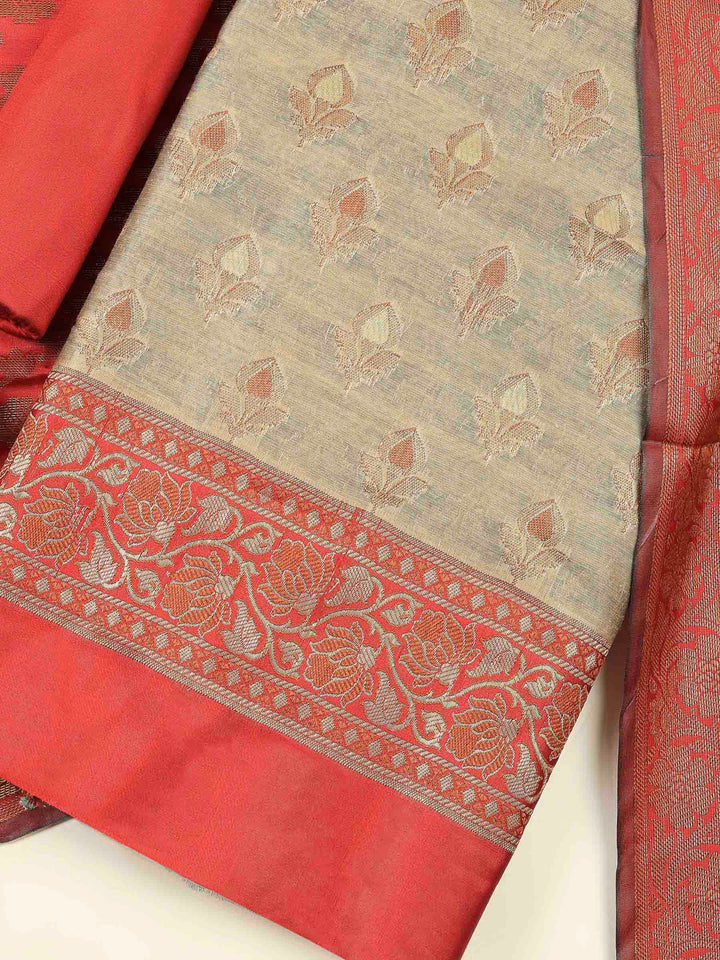 Beige Red Chanderi Banarasi Unstitched Dress Material