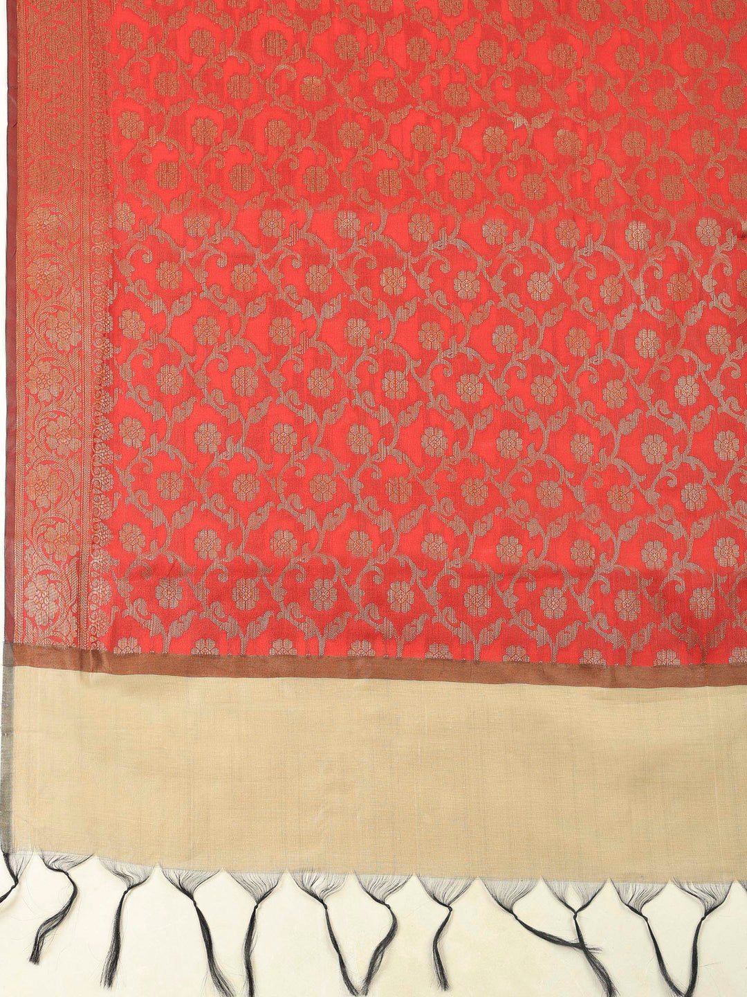 Beige Red Chanderi Banarasi Unstitched Dress Material
