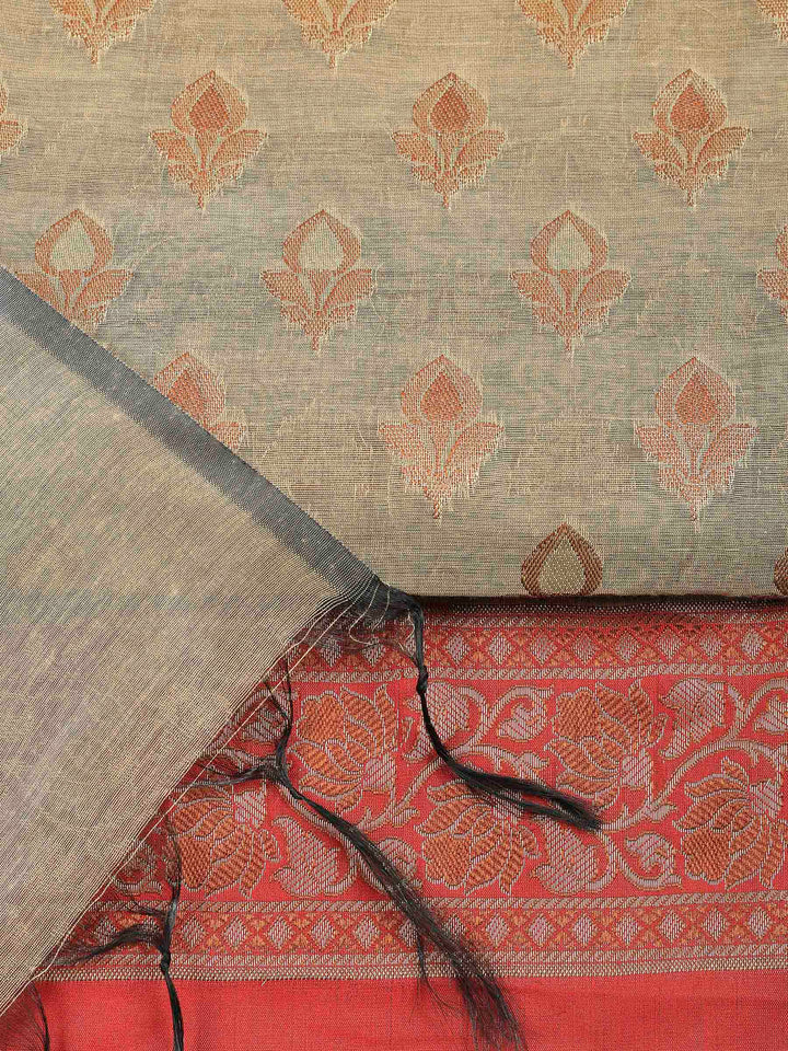 Beige Red Chanderi Banarasi Unstitched Dress Material