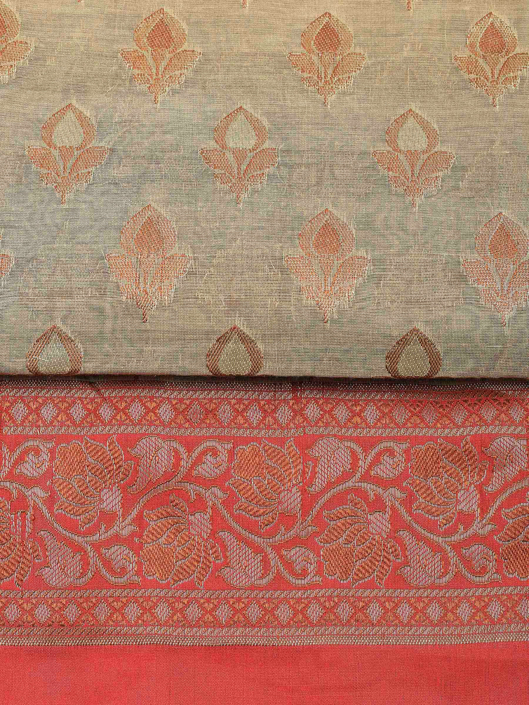 Beige Red Chanderi Banarasi Unstitched Dress Material