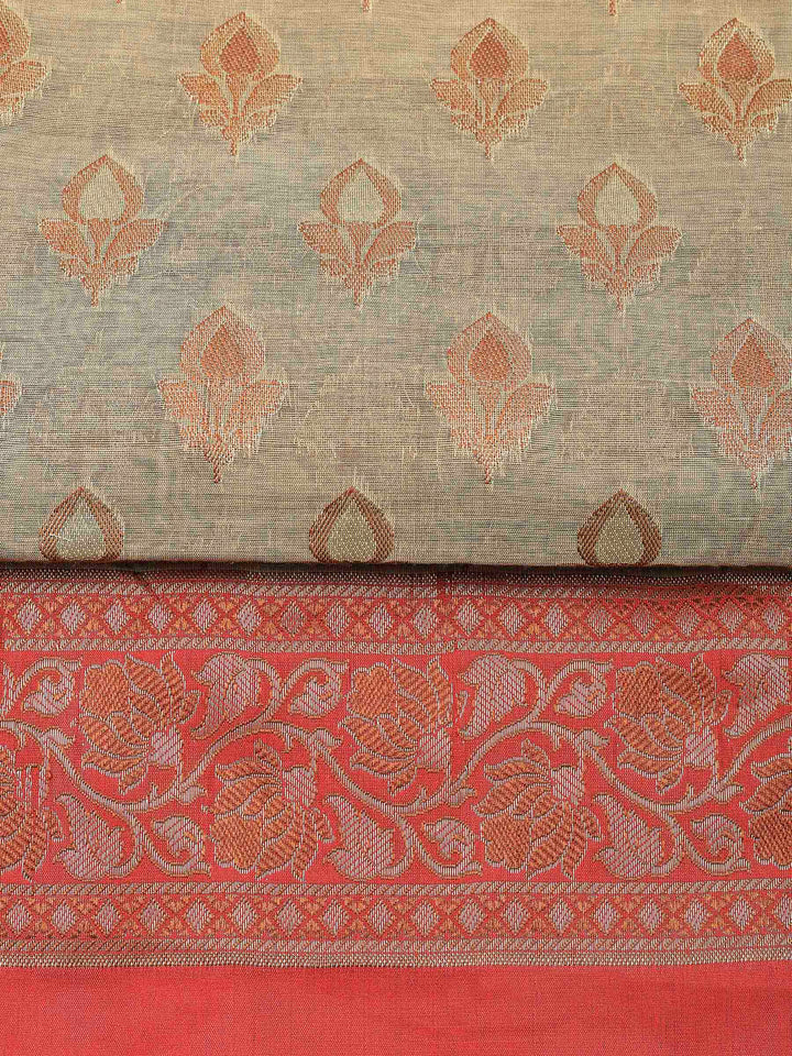 Beige Red Chanderi Banarasi Unstitched Dress Material