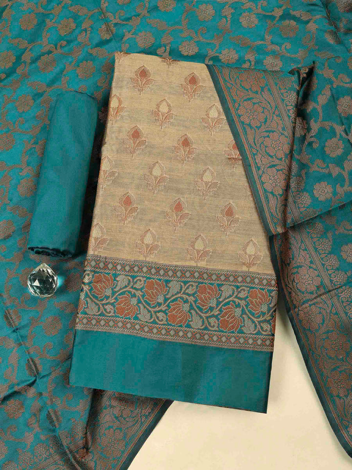 Beige Teal Blue Chanderi Banarasi Unstitched Dress Material