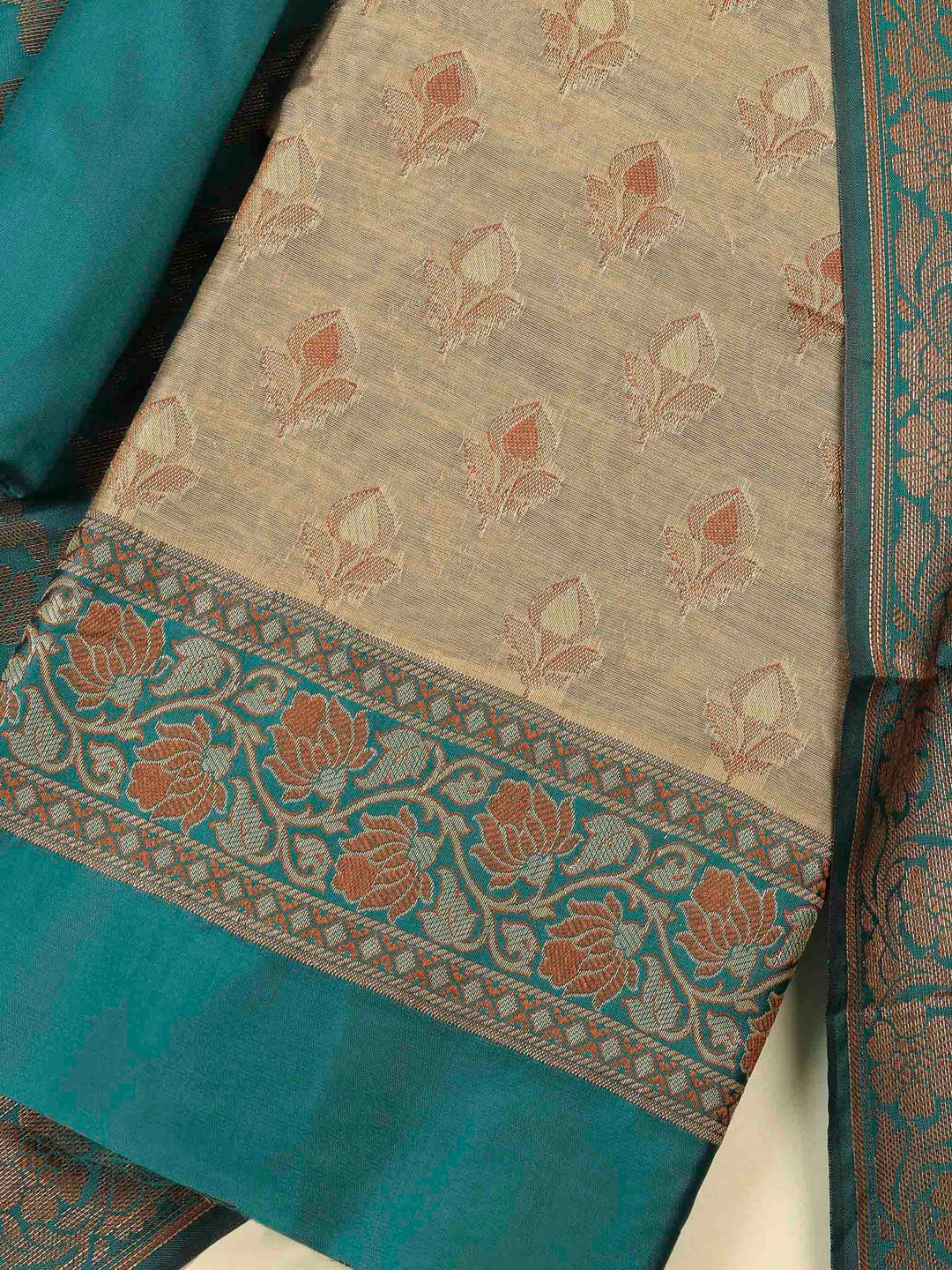 Beige Teal Blue Chanderi Banarasi Unstitched Dress Material