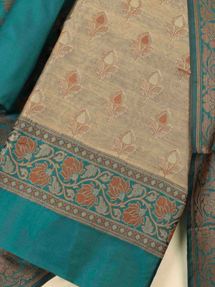 Beige Teal Blue Chanderi Banarasi Unstitched Dress Material