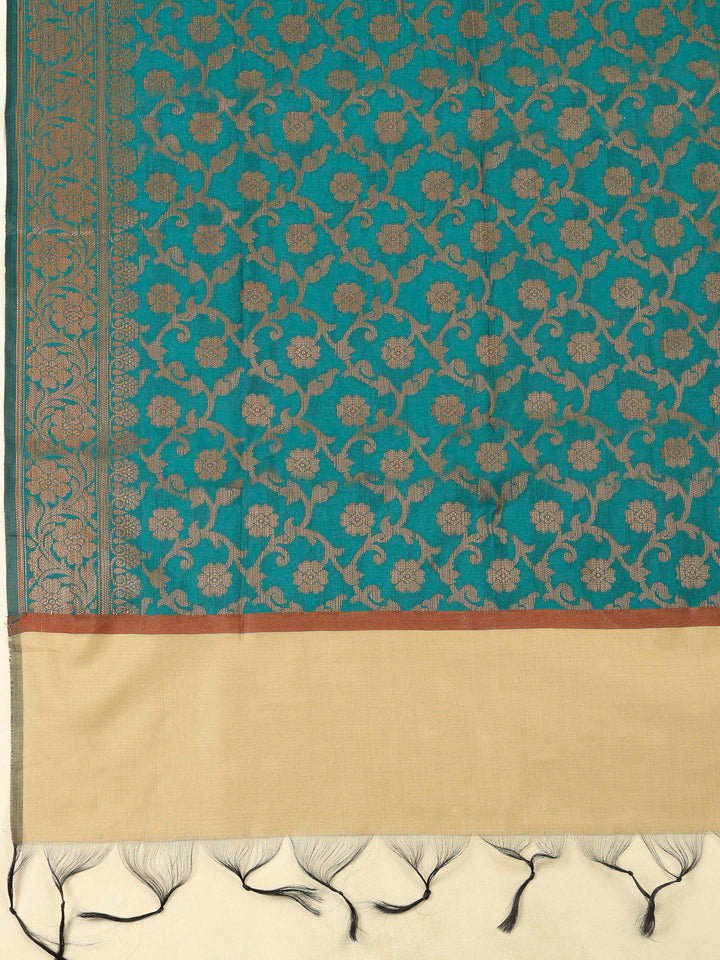 Beige Teal Blue Chanderi Banarasi Unstitched Dress Material