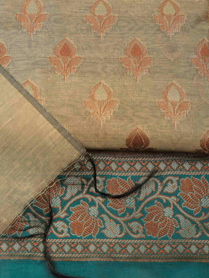 Beige Teal Blue Chanderi Banarasi Unstitched Dress Material