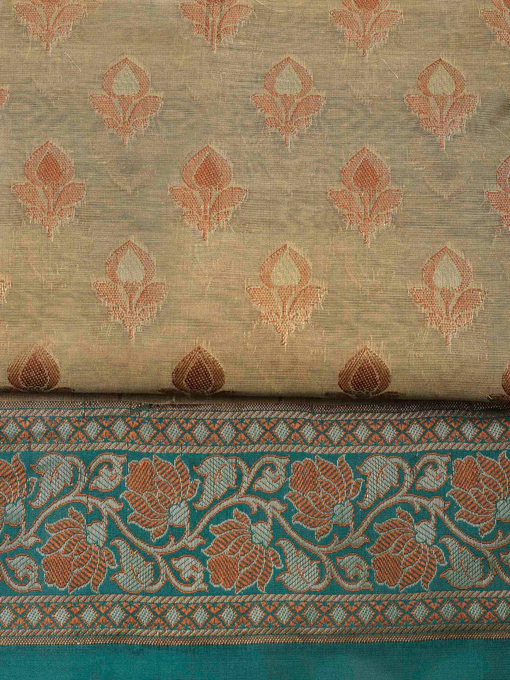 Beige Teal Blue Chanderi Banarasi Unstitched Dress Material