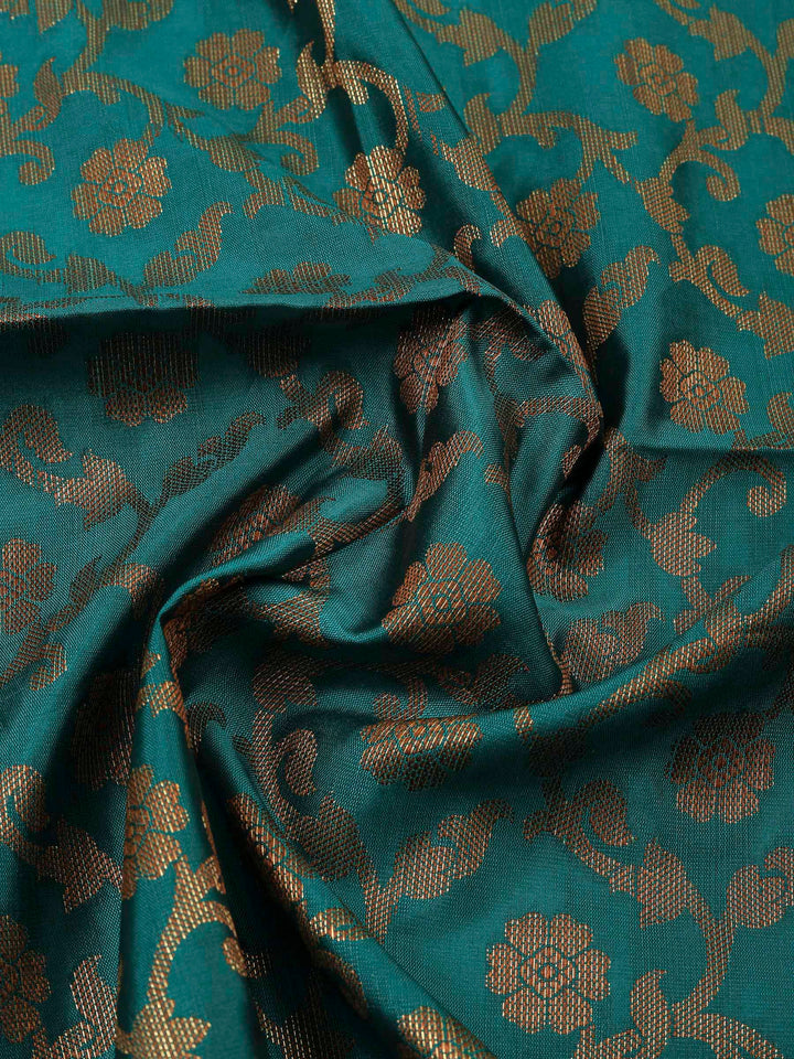 Beige Teal Blue Chanderi Banarasi Unstitched Dress Material