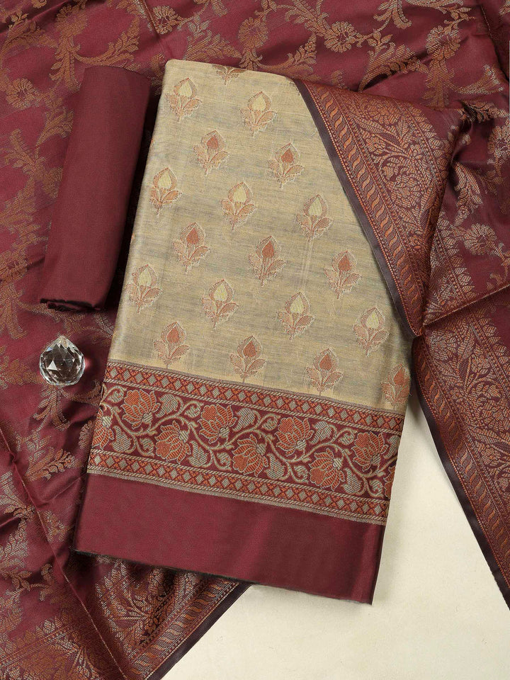 Beige-Wine Chanderi Banarasi Unstitched Dress Material