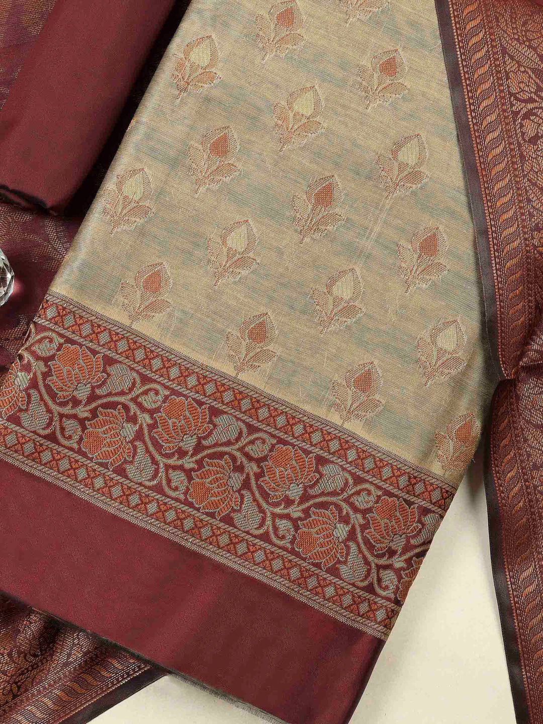 Beige-Wine Chanderi Banarasi Unstitched Dress Material