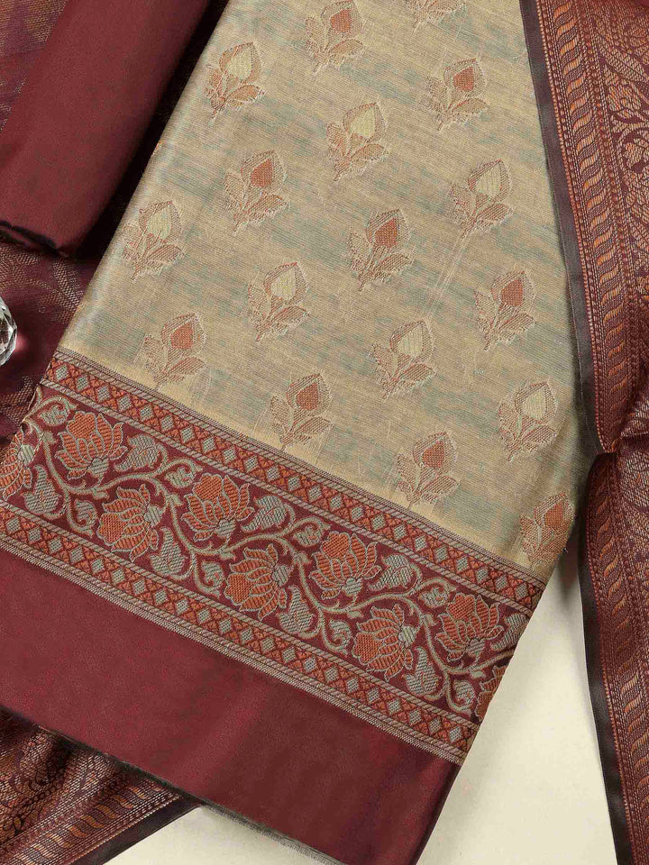 Beige-Wine Chanderi Banarasi Unstitched Dress Material