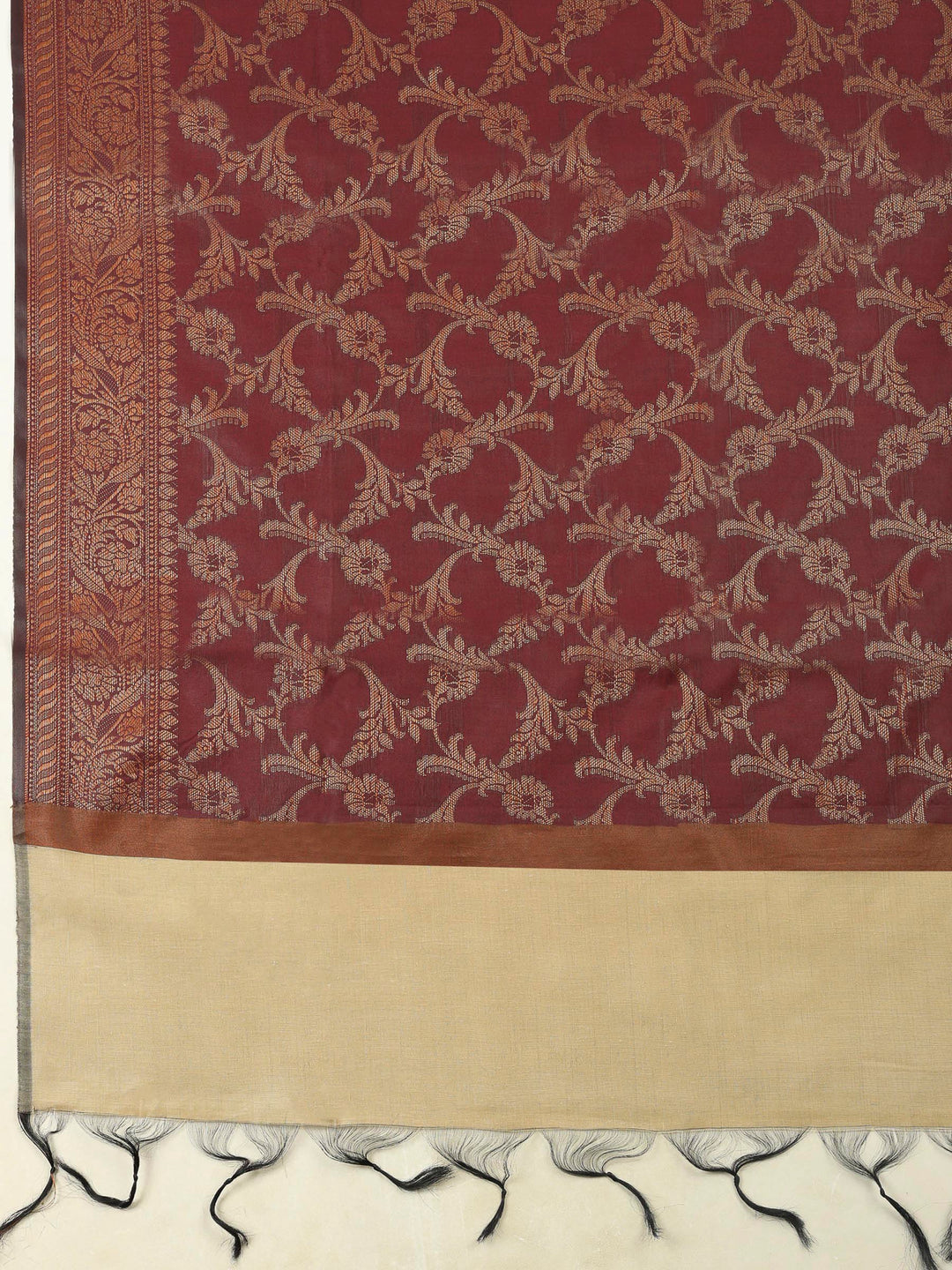 Beige-Wine Chanderi Banarasi Unstitched Dress Material