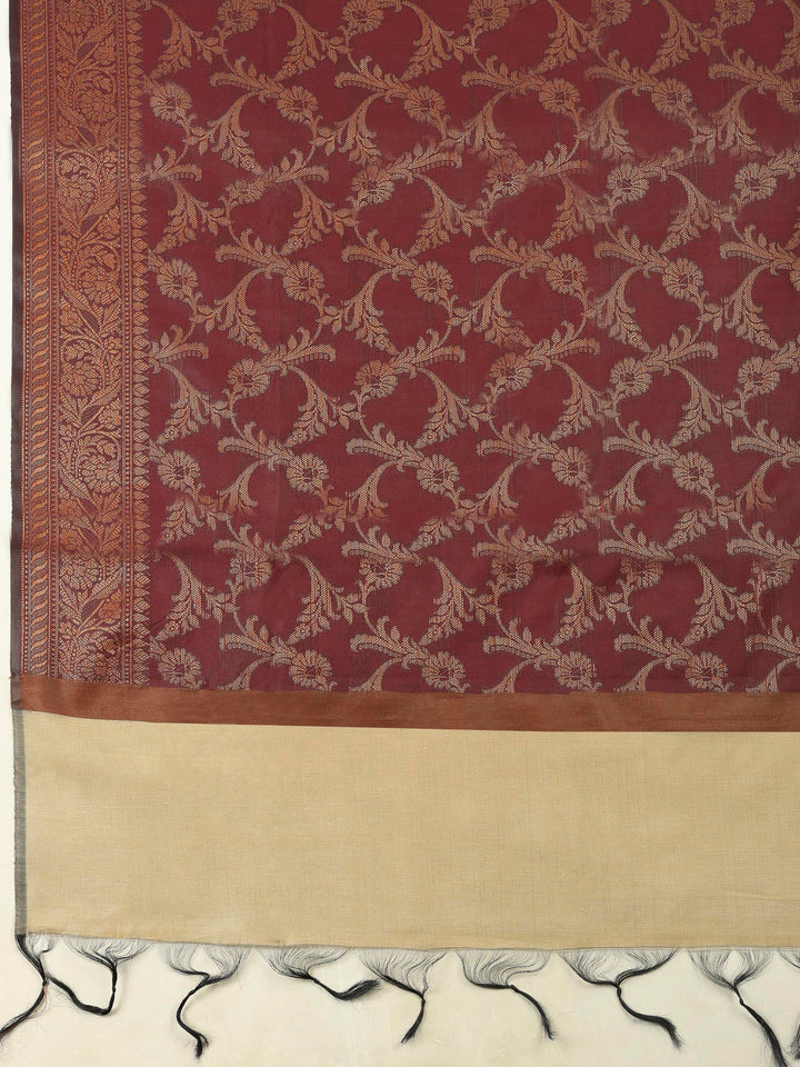 Beige-Wine Chanderi Banarasi Unstitched Dress Material