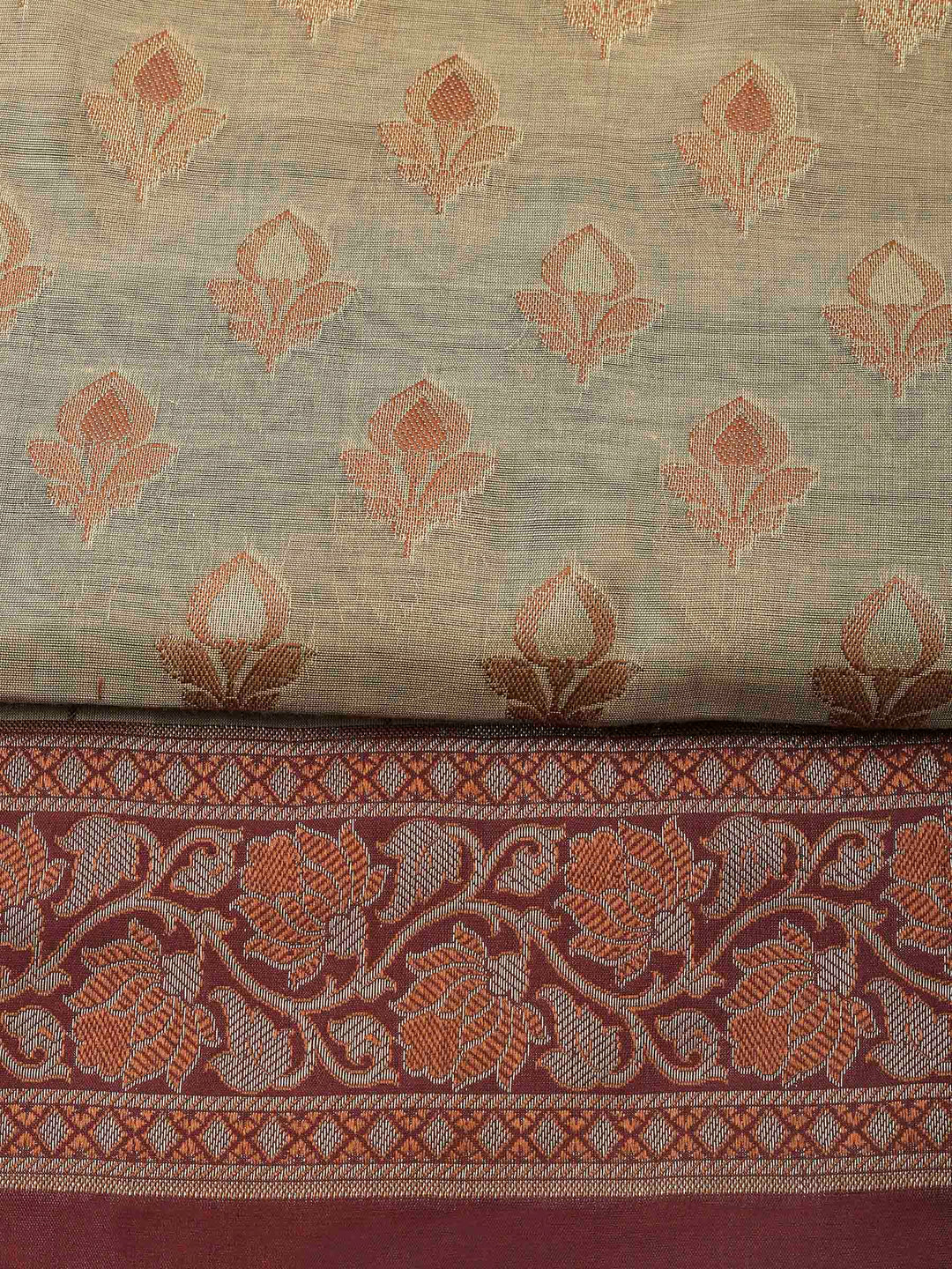 Beige-Wine Chanderi Banarasi Unstitched Dress Material